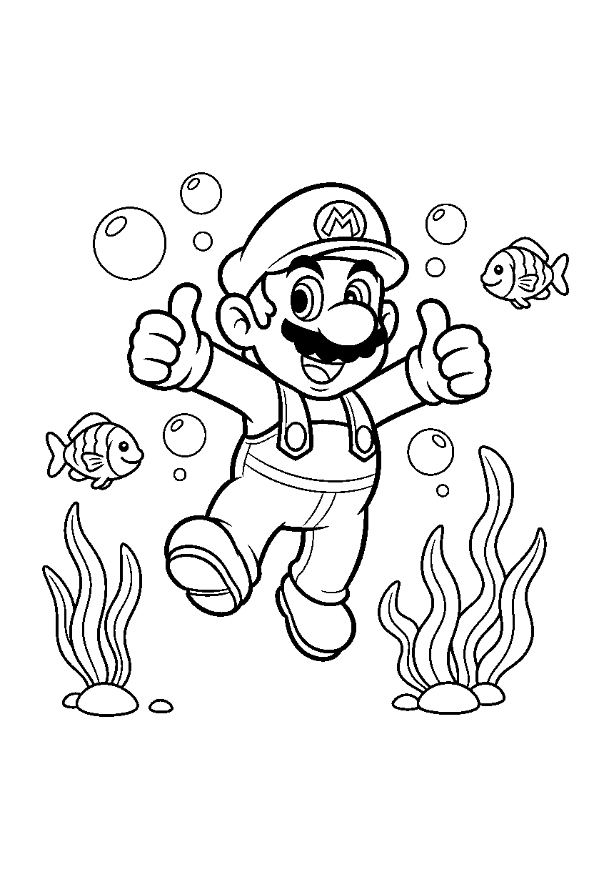 mario posing happily underwater line art