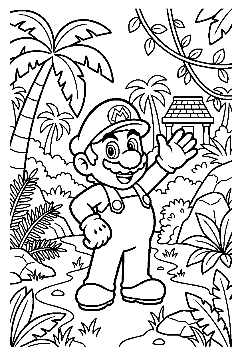 mario posing in jungle kingdom line art