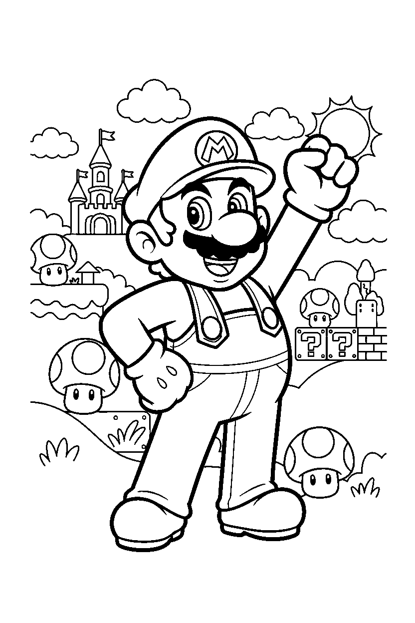 mario posing proudly in a bright adventure land line art