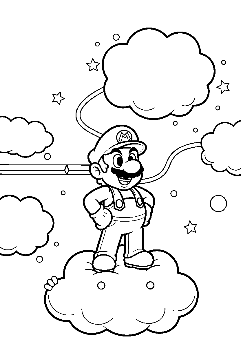 mario posing proudly in a cloud world line art