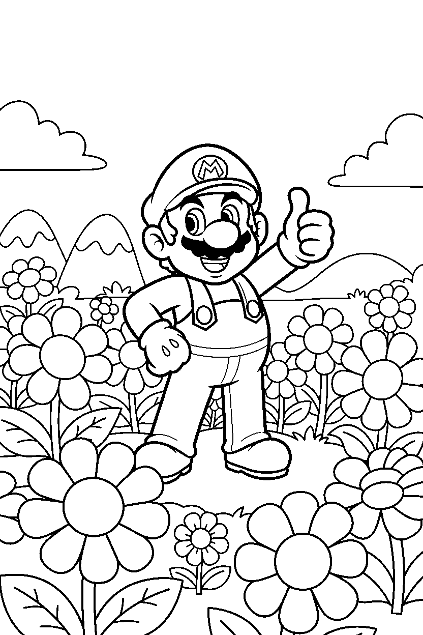mario posing proudly in a flower field line art