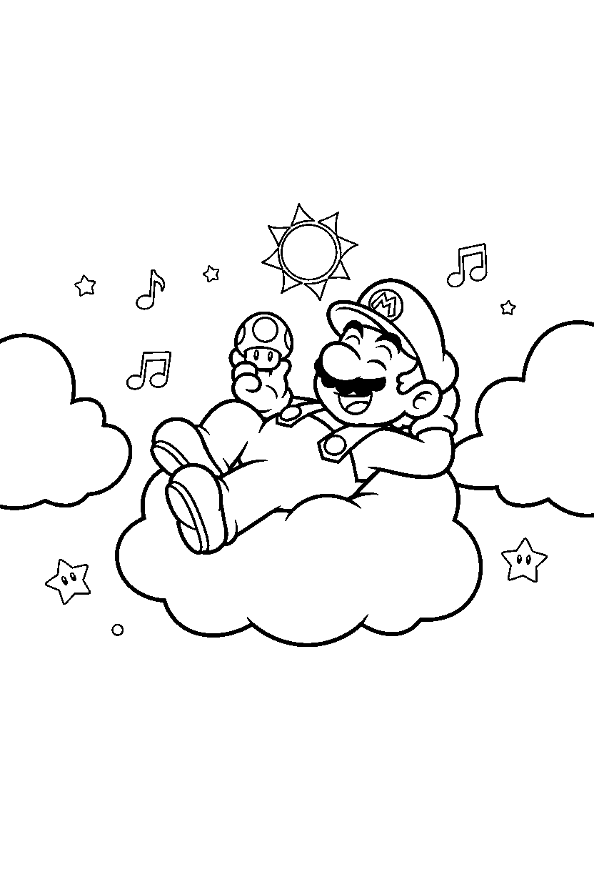 mario relaxing peacefully in a sky level line art