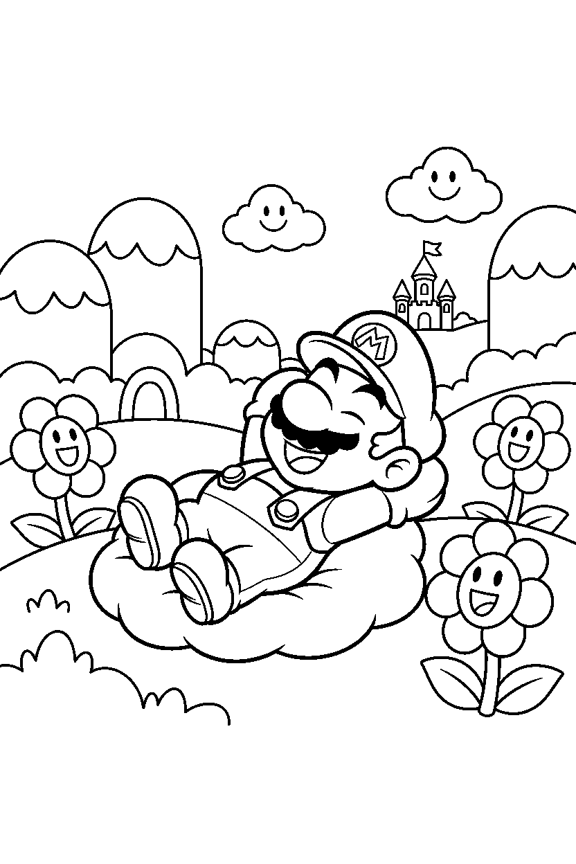 mario resting happily in a bright adventure land line art