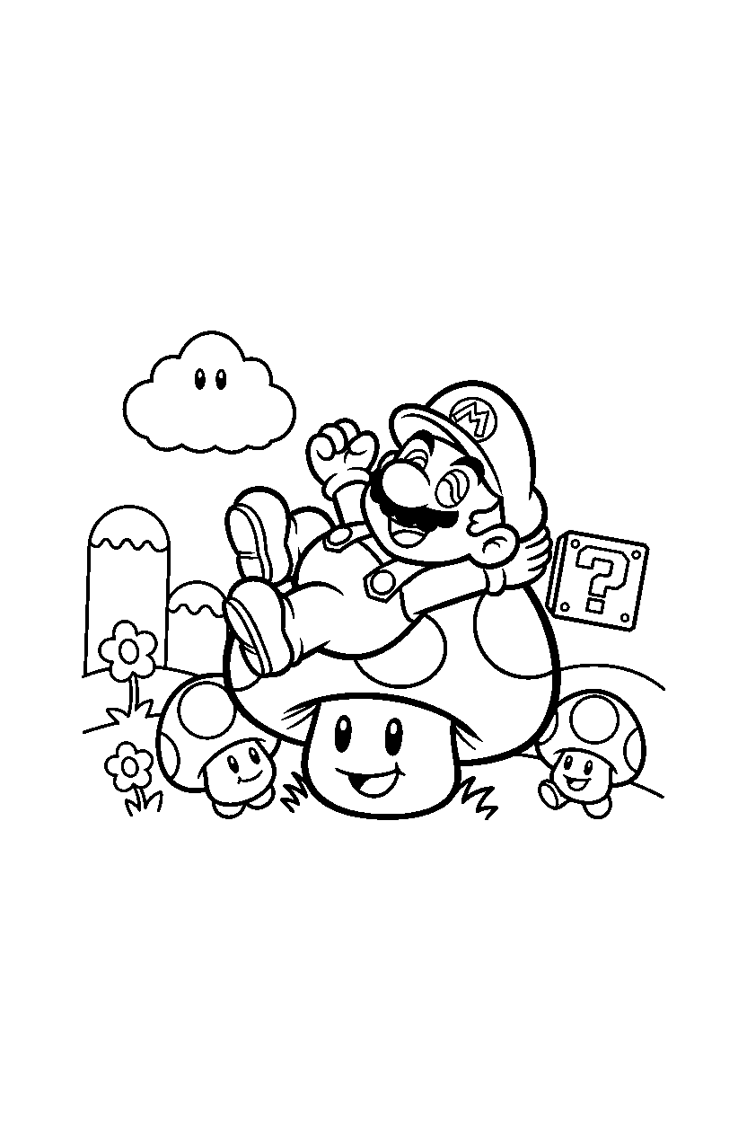 mario resting happily in a mushroom kingdom line art