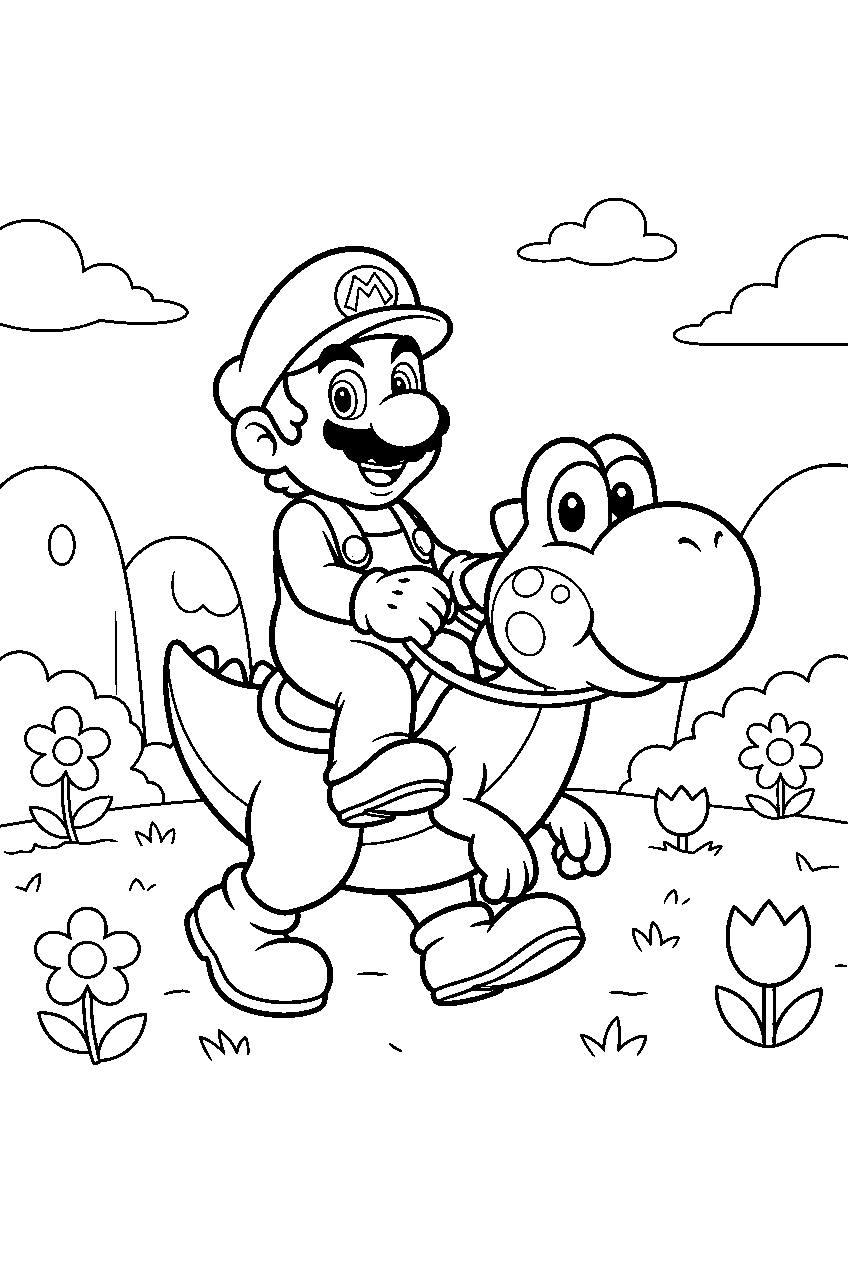 mario riding yoshi through a flower meadow in dinosaur land line art
