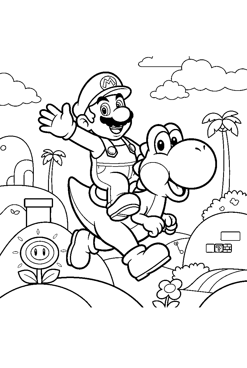 mario riding yoshi through the flower kingdom in super mario bros wonder line art