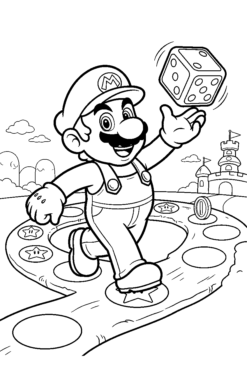 mario rolling a dice block on a game board in mario party line art