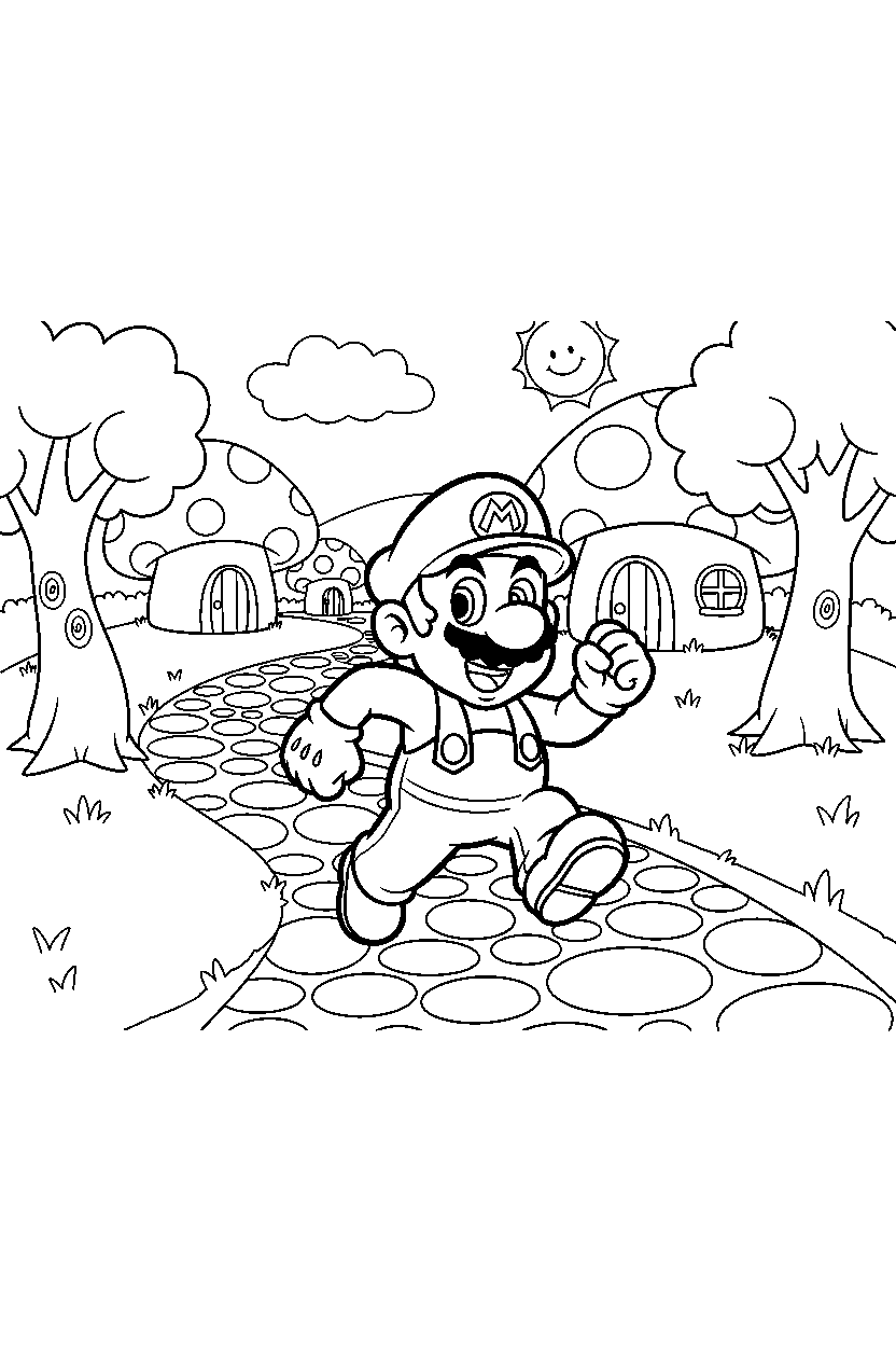 mario running happily in a peaceful village line art