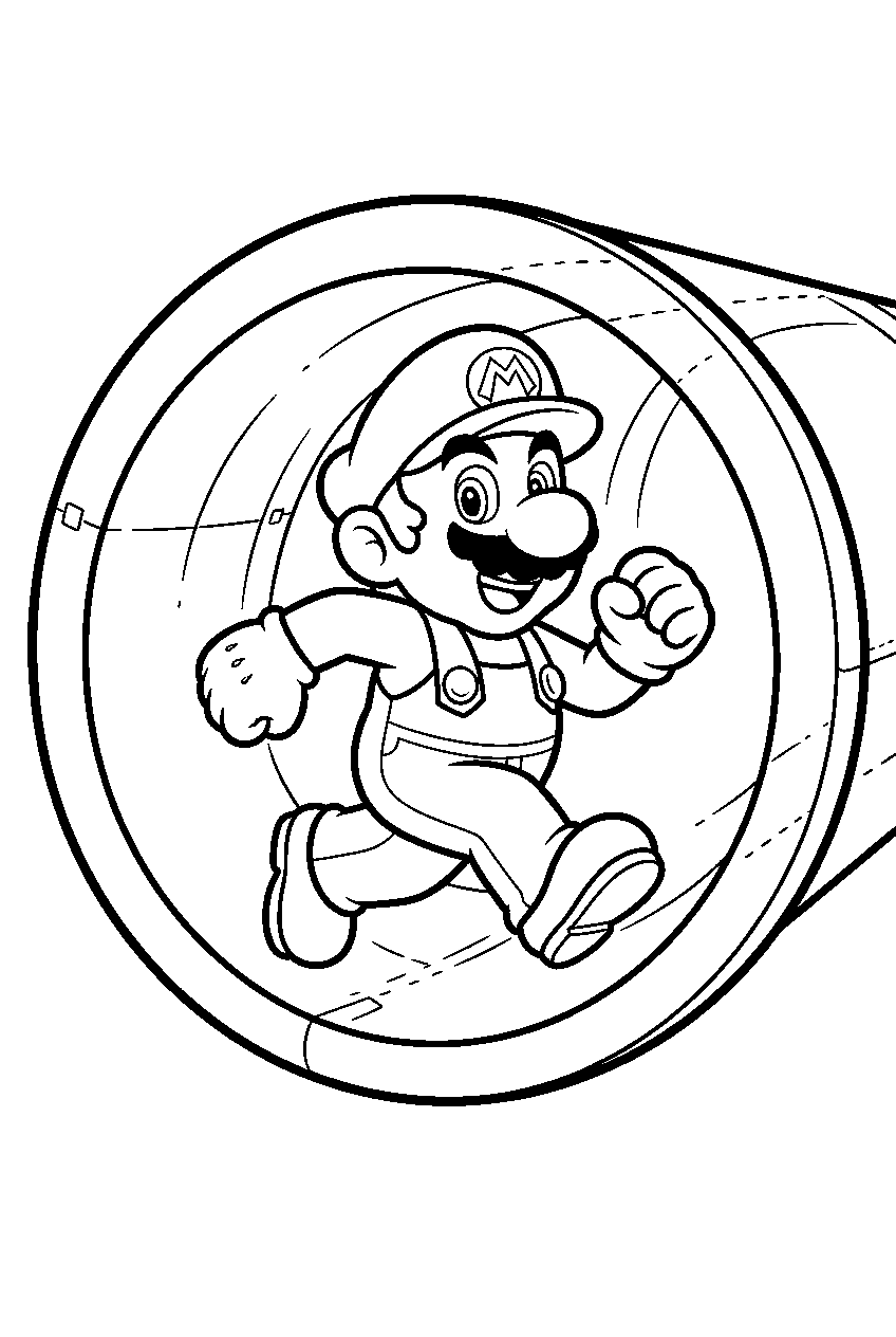 mario running through a clear pipe in super mario 3d world line art