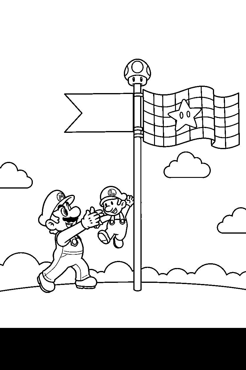 mario saving a friend near a flag pole line art