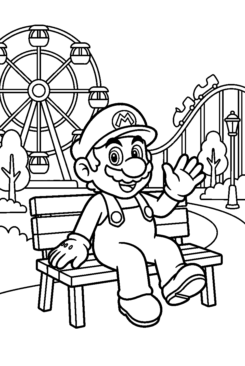 mario sitting in amusement park line art