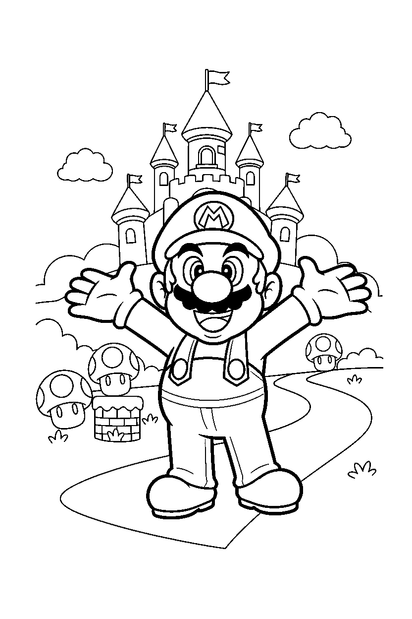 mario smiling happily in a bright adventure land line art