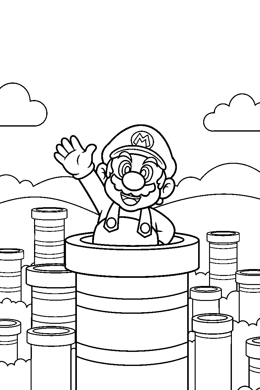 mario smiling in pipe field line art