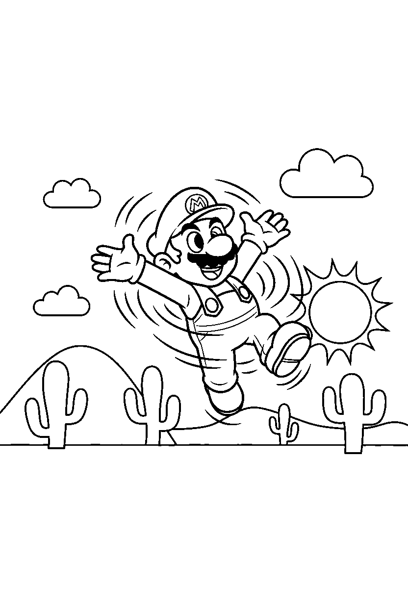 mario spinning happily in a desert level line art