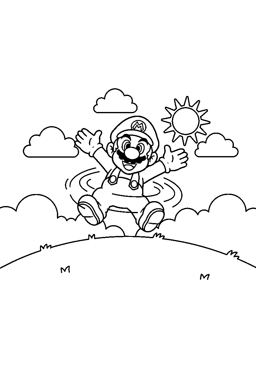 mario spinning happily on a sunny hill line art