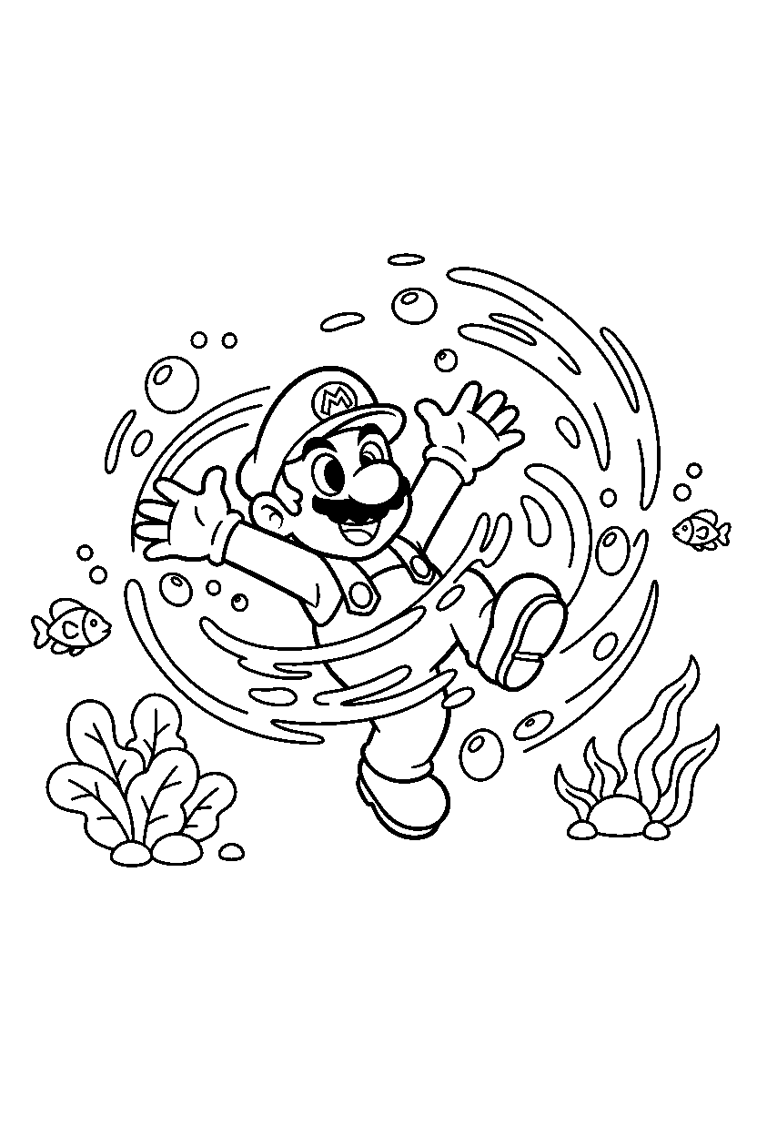 mario spinning happily underwater line art