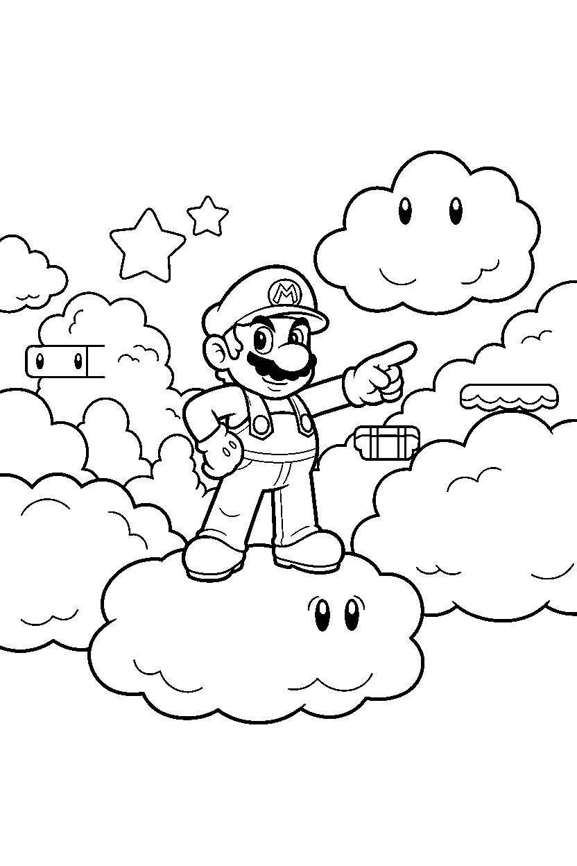 mario standing bravely in a cloud world line art