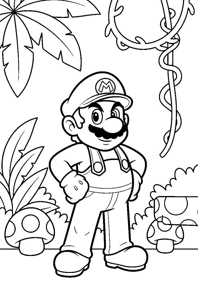 mario standing bravely in a jungle level line art