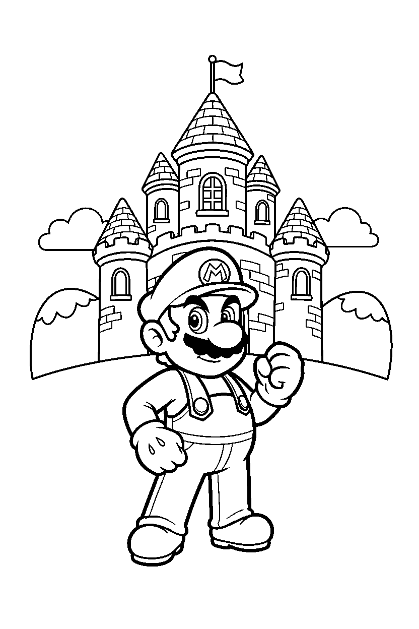 mario standing bravely near a castle line art