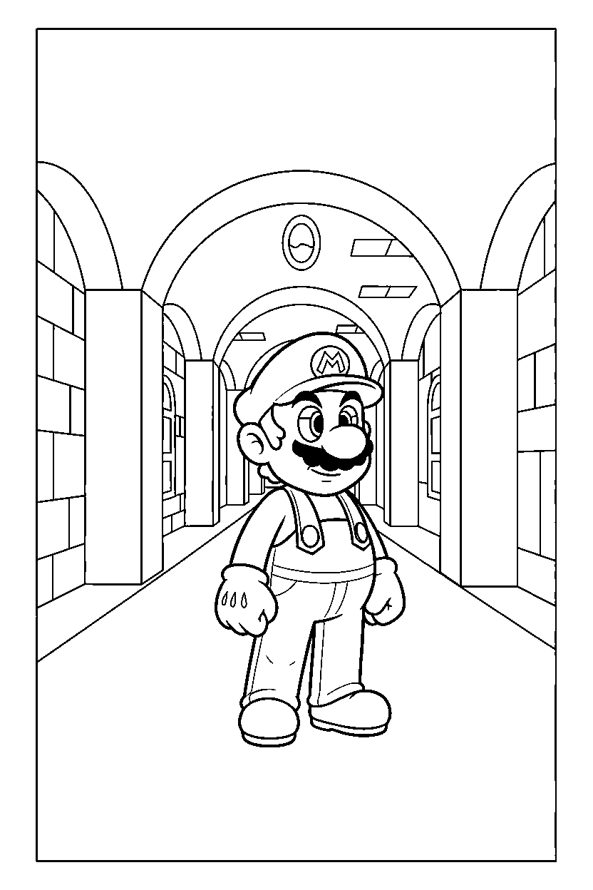 mario standing calmly in castle hallway line art
