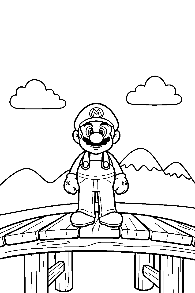 mario standing calmly on wooden bridge line art