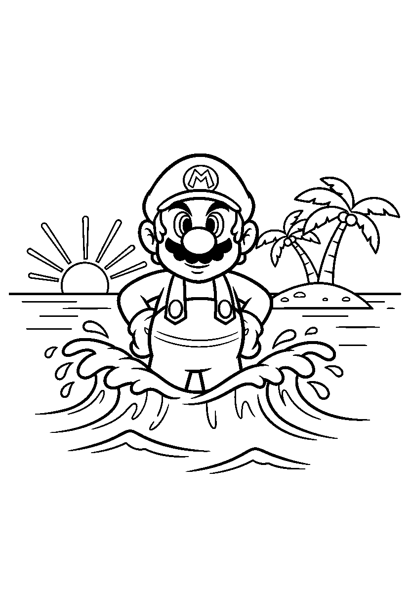 mario standing confidently in ocean line art