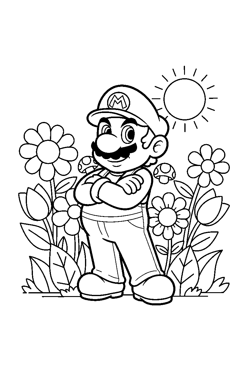 mario standing proudly in a flower field line art