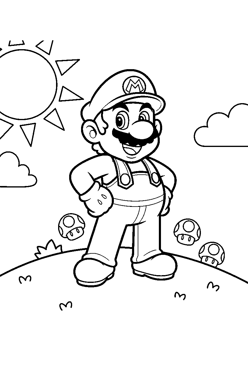 mario standing proudly on a sunny hill line art