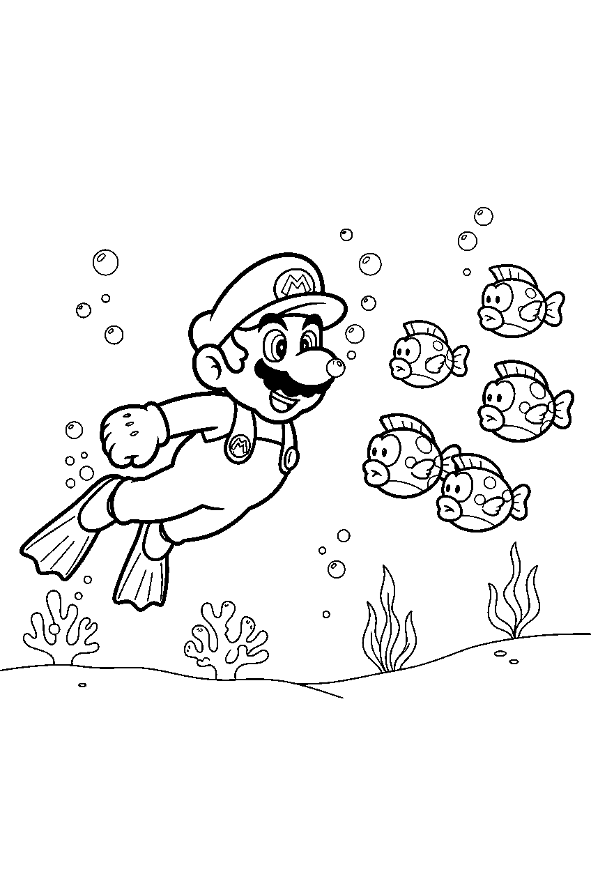 mario swimming beside cheep cheeps in an underwater level line art