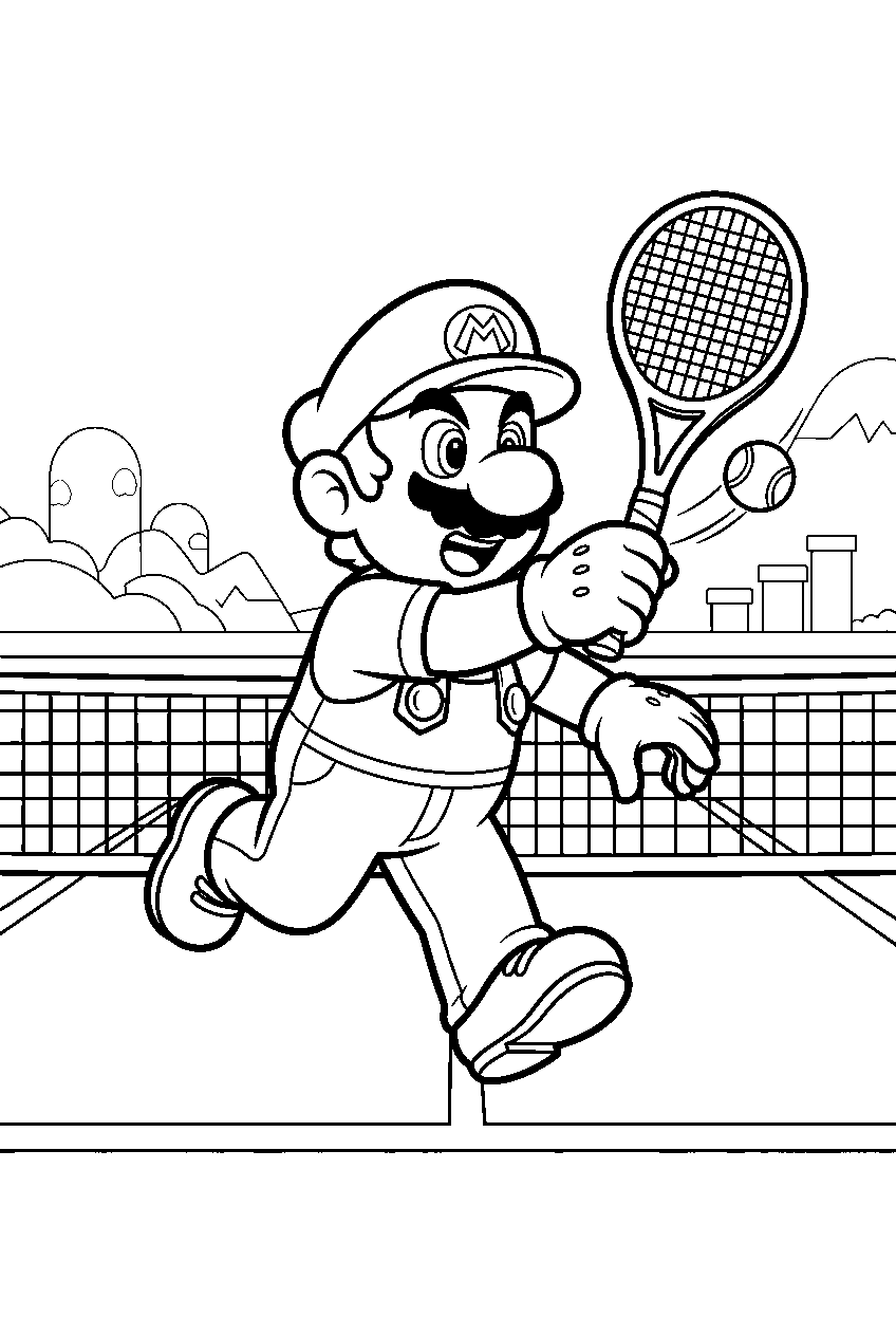 mario swinging a tennis racket on a mushroom kingdom court line art