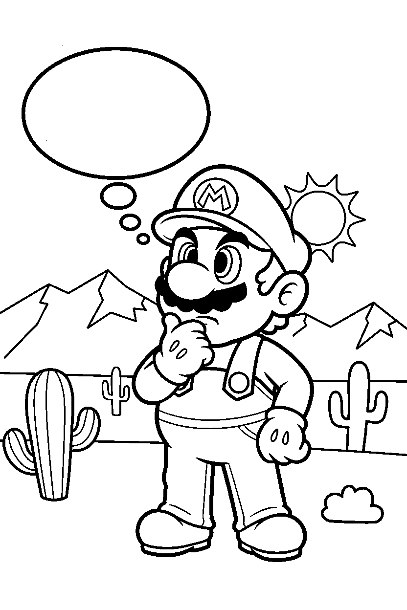 mario thinking in desert line art
