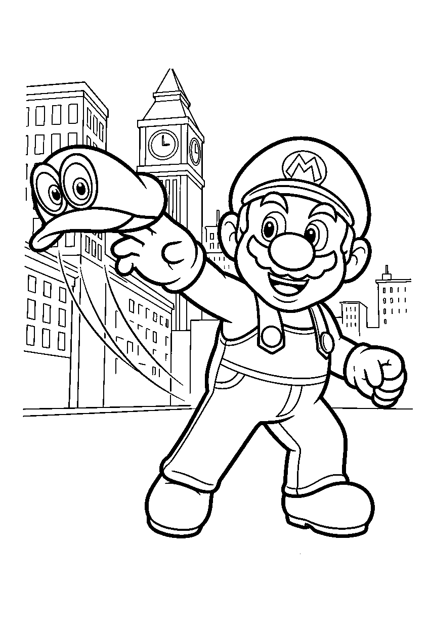 mario throwing cappy in new donk city in super mario odyssey line art
