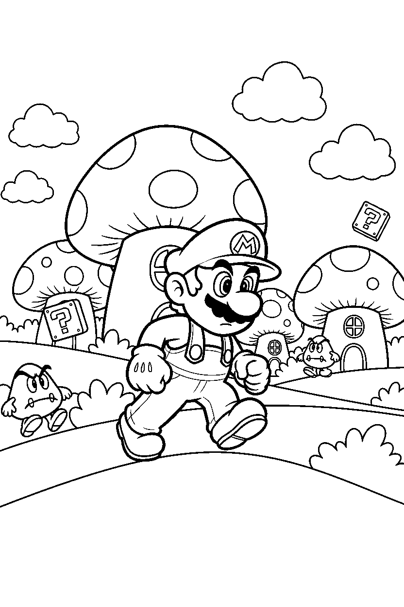 mario walking carefully in the mushroom kingdom line art