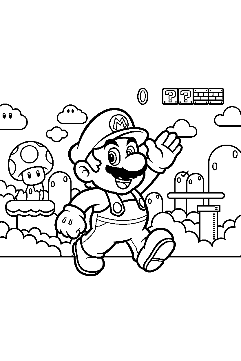 mario walking happily in a colorful world line art