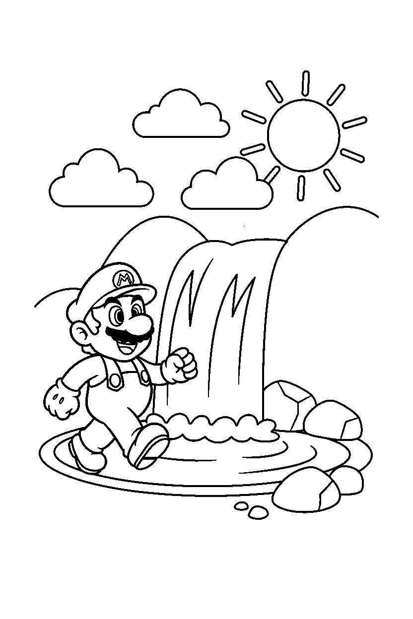 mario walking happily near a waterfall line art