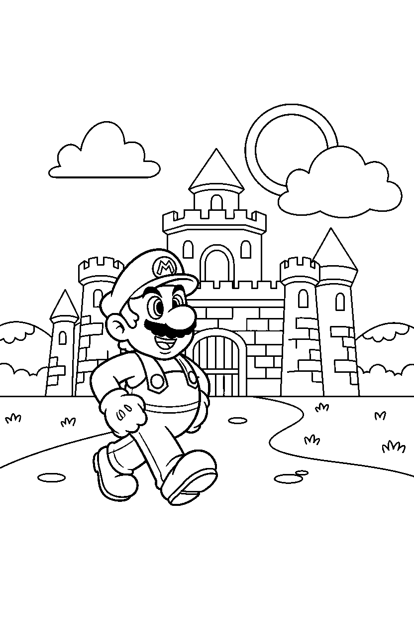 mario walking proudly near a fortress line art