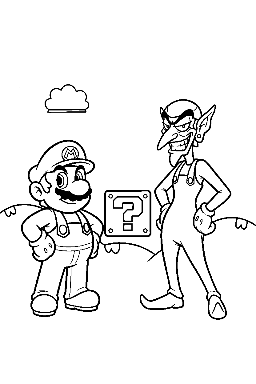 mario waluigi standing confidently by question block line art