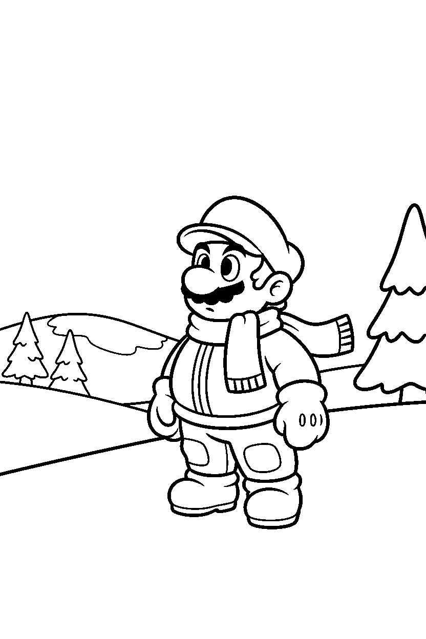 mario watching in snowy field line art
