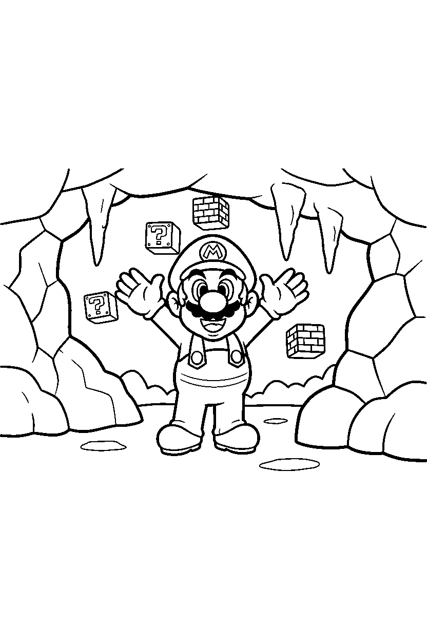 mario waving happily in a cave level line art