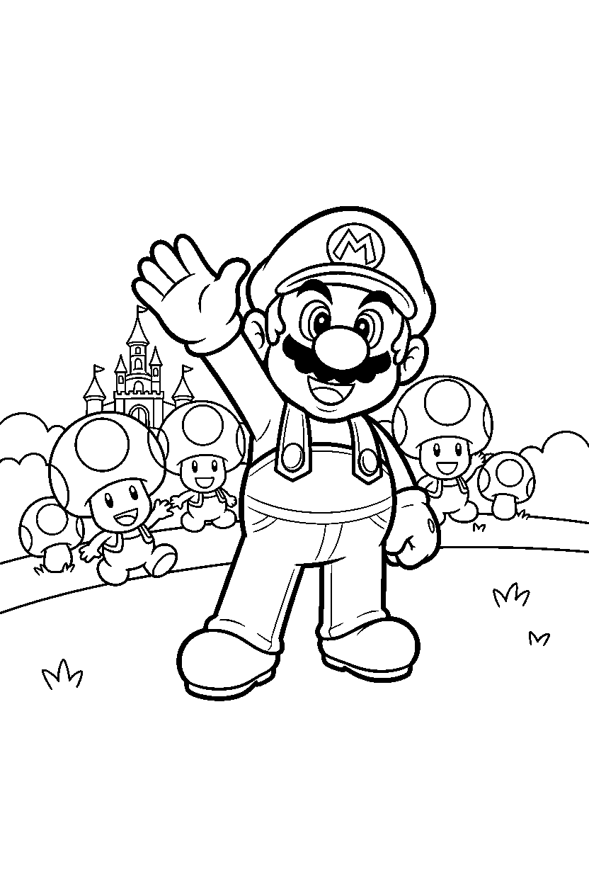 mario waving happily in the mushroom kingdom line art