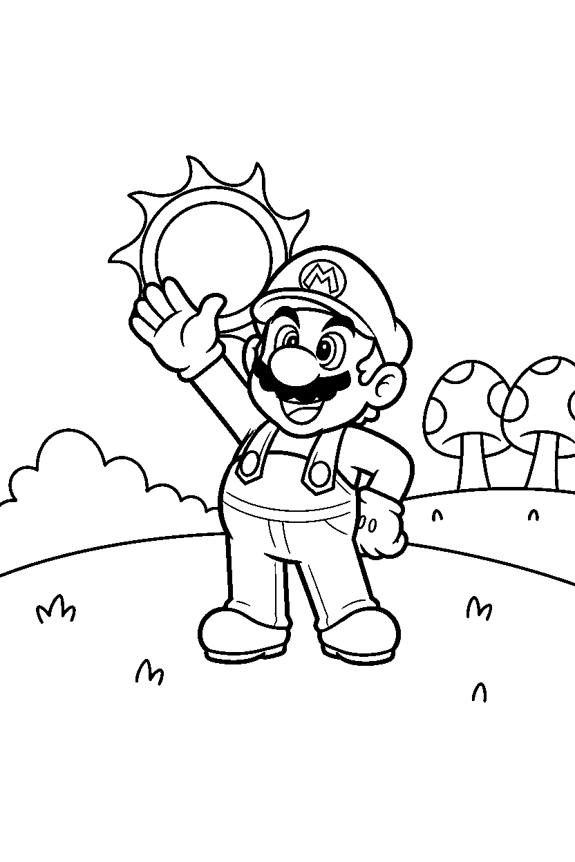 mario waving happily on a sunny hill line art