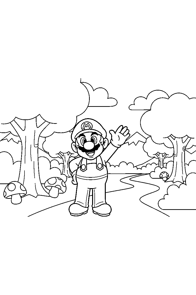 mario waving in forest line art
