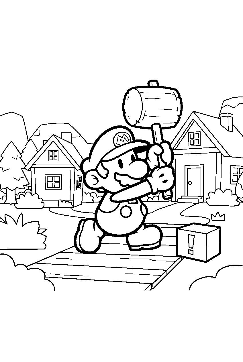 paper mario swinging a hammer in a paper village line art