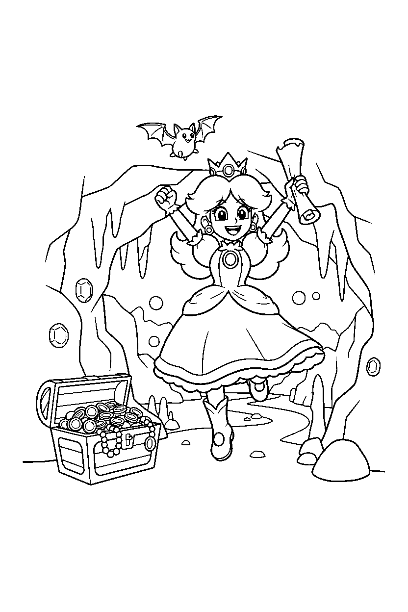 princess daisy celebrating adventure in a hidden cave line art