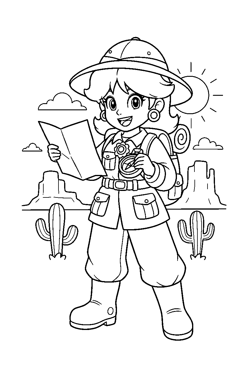 princess daisy getting ready to explore in a desert level line art