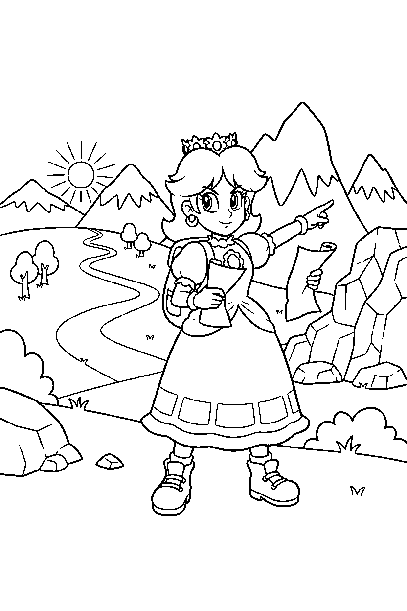 princess daisy getting ready to explore on a mountain level line art