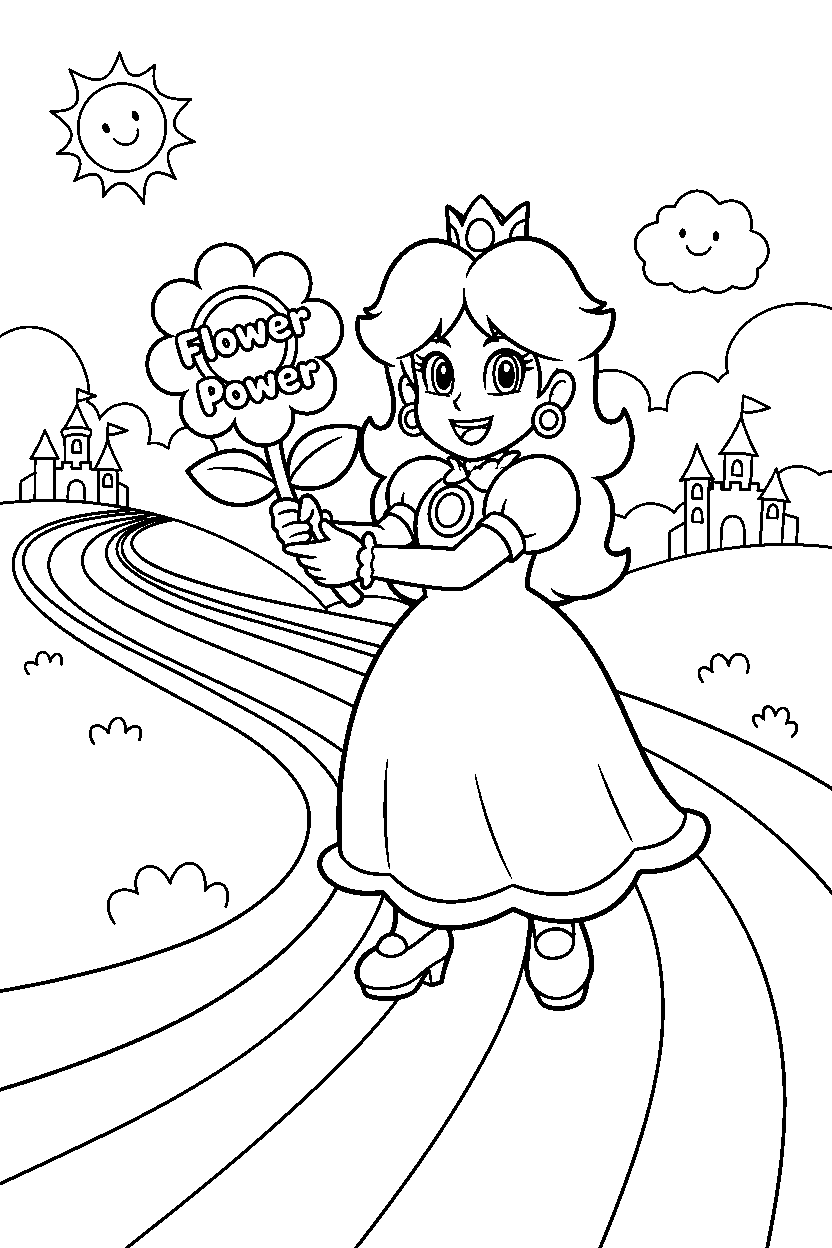 princess daisy holding a flower power in a rainbow road line art
