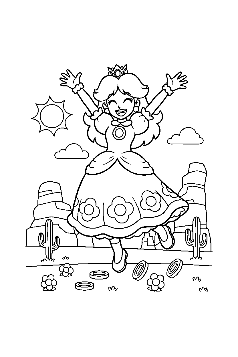 princess daisy jumping with joy in a desert level line art