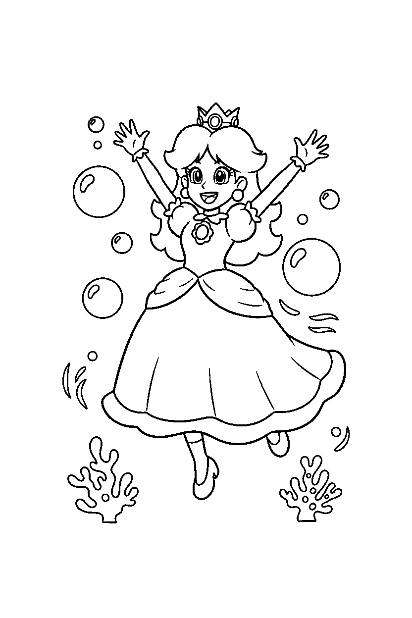 princess daisy jumping with joy underwater line art