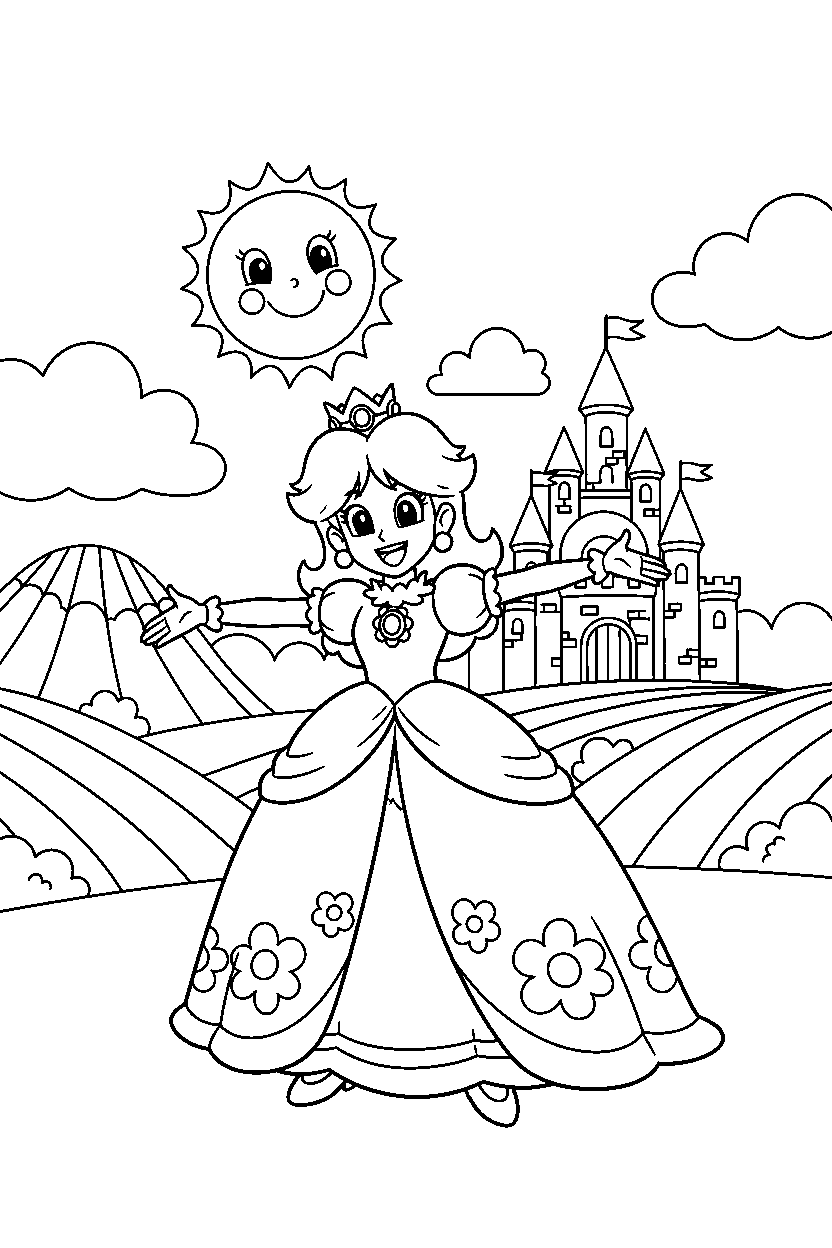princess daisy looking happy in a bright adventure land line art